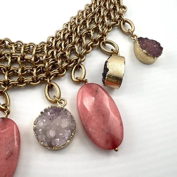 Amazing Chico's bib style necklace, gold tone, Drusy Quartz, Agate dangles - Picture 4 of 9